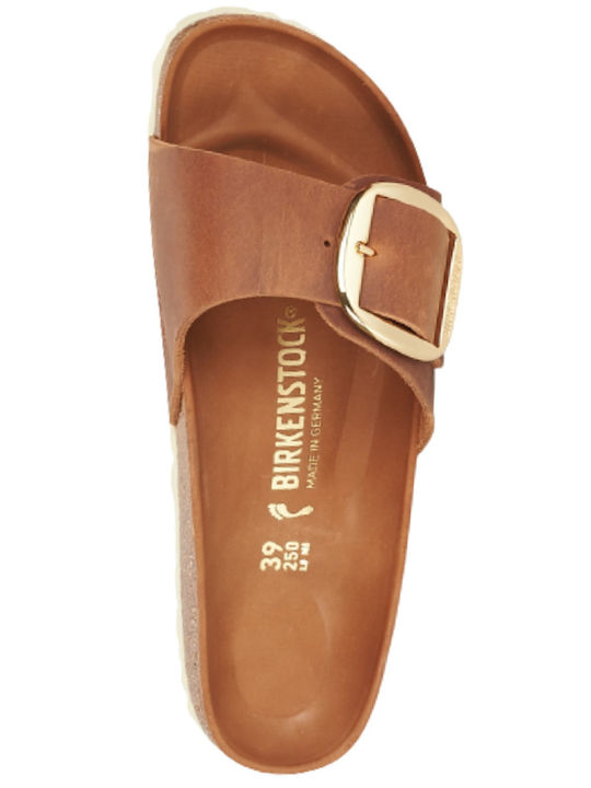 Madrid Big Buckle Oiled Leather Women's Flat Sandals Tabac Brown Narrow Fit