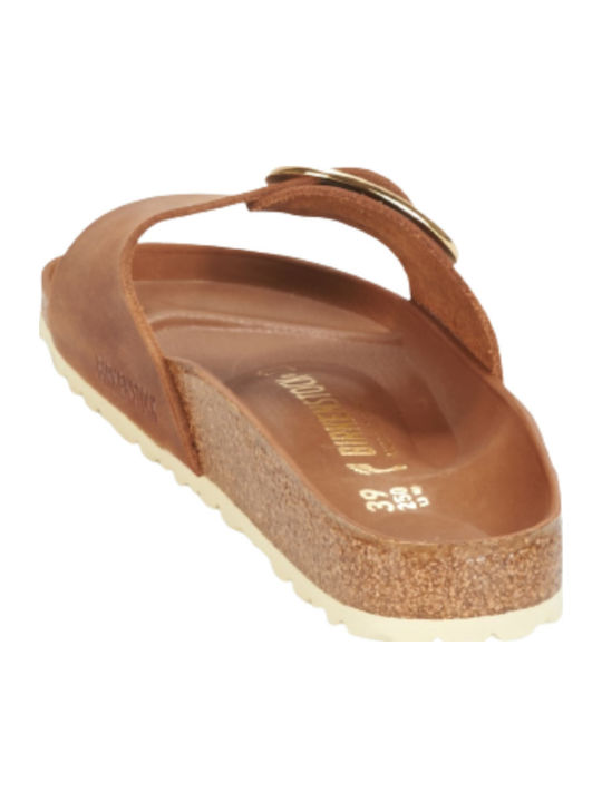 Madrid Big Buckle Oiled Leather Women's Flat Sandals Tabac Brown Narrow Fit