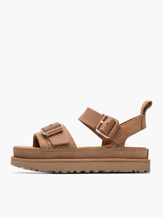 Goldenstar Leather Women's Flat Sandals with Strap Flatforms in Tabac Brown Color