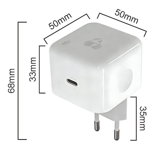Powertech Φορτιστής GaN με Θύρα USB-C και Καλώδιο USB-C - USB-C 60W Power Delivery / Quick Charge 3.0 Λευκός (PT-1581)