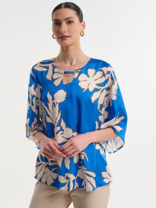 Women's Satin Blouse with 3/4 Sleeve Bluel
