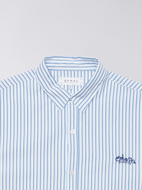 Short Sleeve Denim Shirt in Wide Line Striped White/Blue