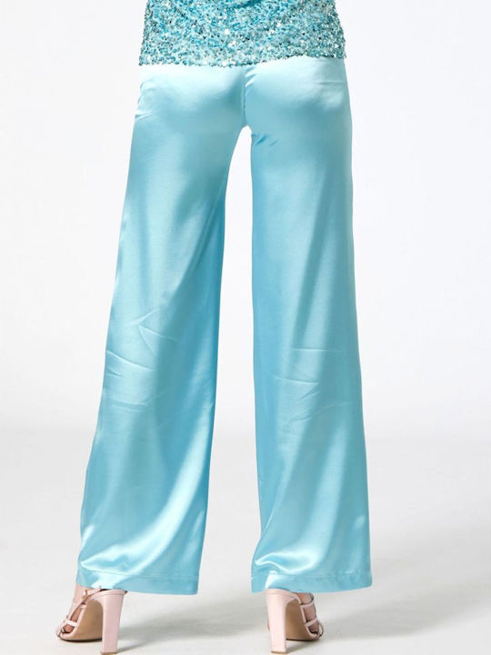 Women's High Waist Satin Pantaloons in Straight Leg Light Blue Ltblue
