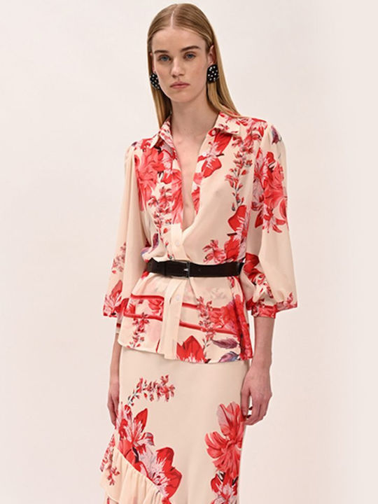 Long Sleeve Women's Shirt Floral Red Beige Floral