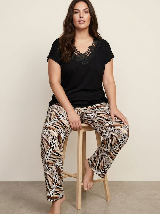 Siyah Inci Set Pijamale Dama de Vară Leopard
