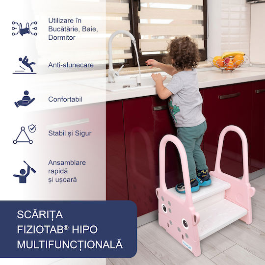 Fiziotab Scăunel Înălțător Pentru Copii Cu Mânere Două Trepte Suprafață Antiderapantă Baie Bucătărie Hipoalergenic Roz