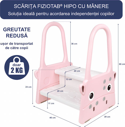 Fiziotab Scăunel Înălțător Pentru Copii Cu Mânere Două Trepte Suprafață Antiderapantă Baie Bucătărie Hipoalergenic Roz