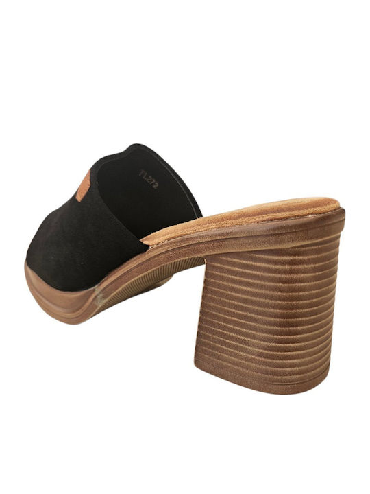 Suede Mules With Chunky High Heel In Black Colour