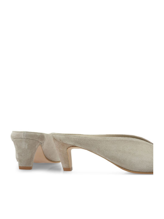 Suede Mules με Χαμηλό Τακούνι σε Μπεζ Χρώμα