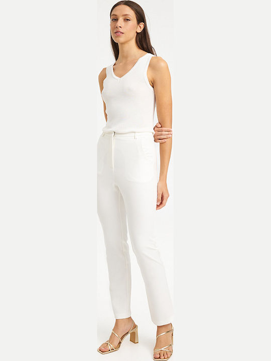 Women's High Rise Fabric Trousers in Regular Fit White