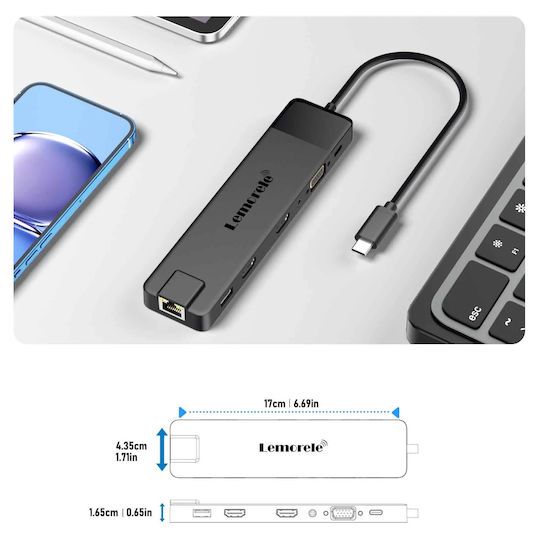 Lemorele TC100 USB-C Docking Station με HDMI 4K PD Ethernet και σύνδεση 2 Οθονών Μαύρο