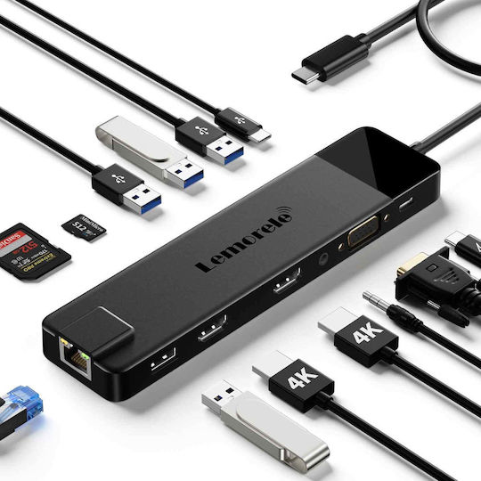 Lemorele TC100 USB-C Docking Station με HDMI 4K PD Ethernet και σύνδεση 2 Οθονών Μαύρο