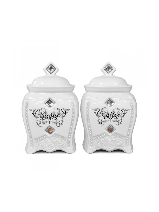 Set of 2 White Brown Sugar Storage Jars Ceramic Lid 11x12cm Royal Diamond Galifas