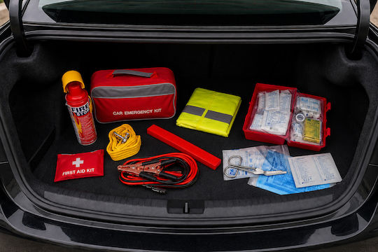 Car Safety KTEO Set with First Aid Kit Fire Extinguisher Warning Triangle Reflective Vest Jump Leads Tow Rope & Gloves