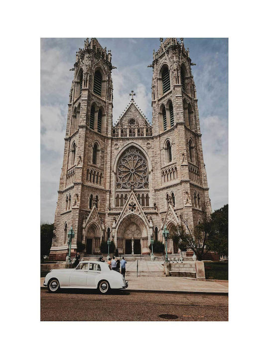 Панел Historic Cathedral Classic Car Исторически Катедрален Храм Класическа Колa 40x65