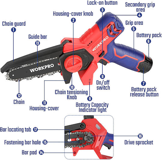 WorkPro Pruning Chainsaw Battery Solo 12V 1.1kg with 15cm Blade