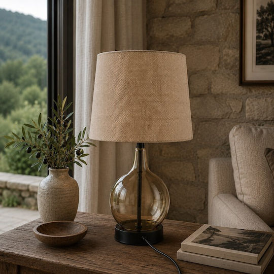 Country House Glass Table Lamp for Socket E27 with Beige Shade and Honey Base