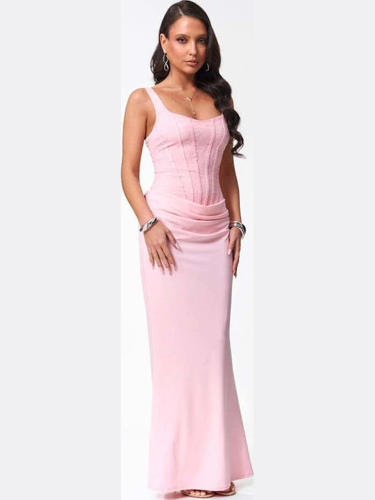 Summer Maxi Evening Dress with Lace Pink
