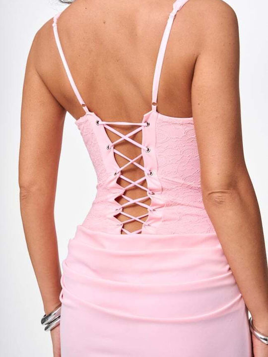 Summer Maxi Evening Dress with Lace Pink