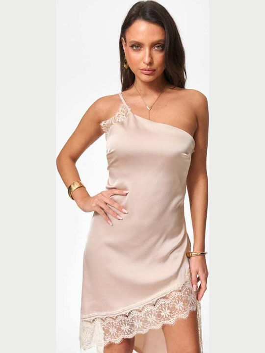 Mini Evening Satin Dress with Lace Beige
