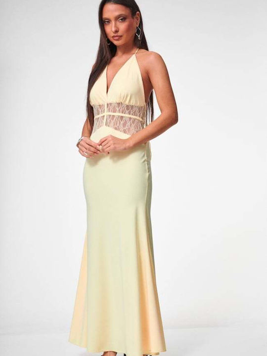 Summer Maxi Evening Dress Open Back with Lace Yellow