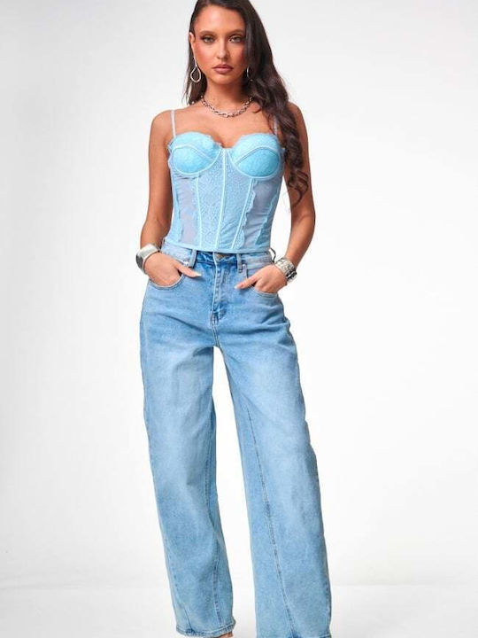 Women's Blouse Corset with Lace Light Blue