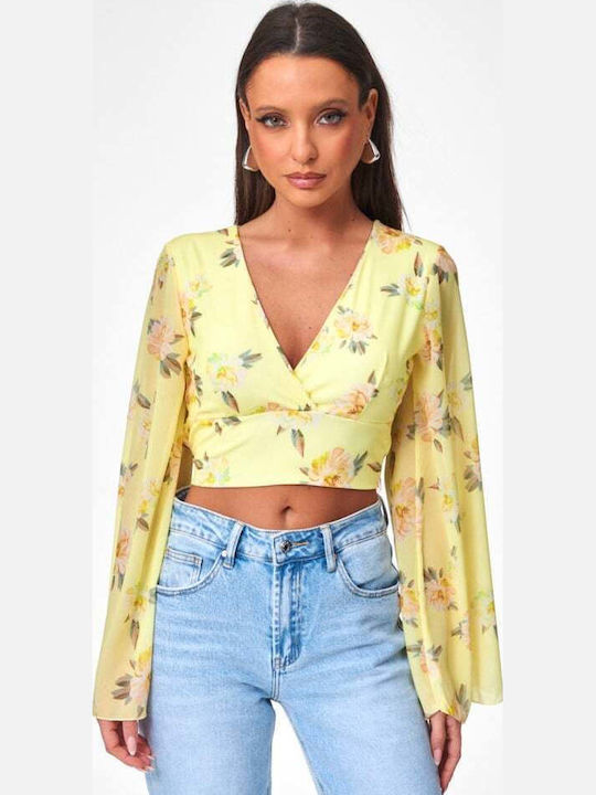 Γυναικείο Crop Top Floral Κιτρινο