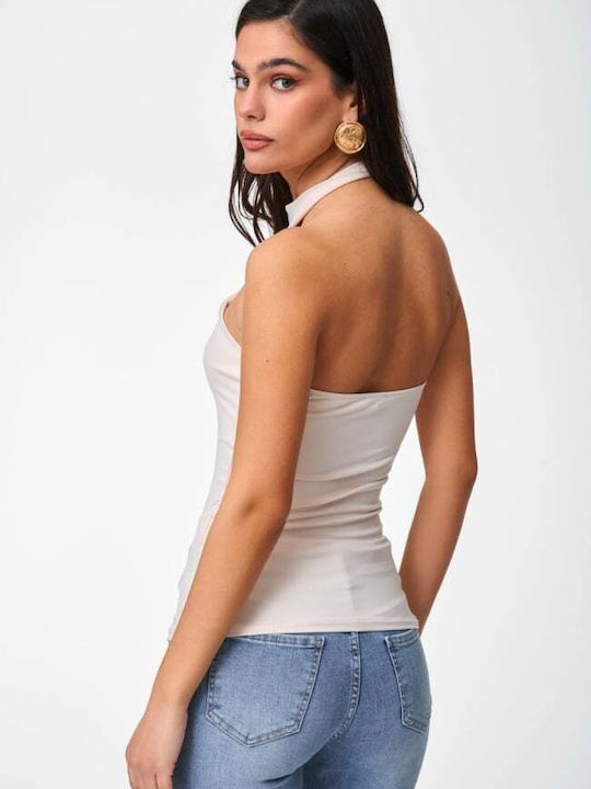 Women's Sleeveless Top with Tie at Neck Beige