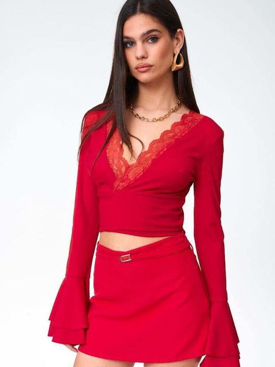 Women's Crop Top with Lace Red