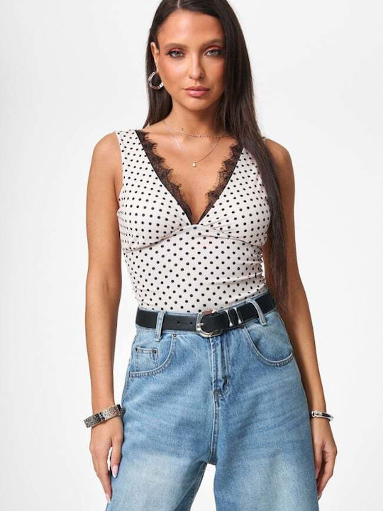 Women's Blouse with Lace Polka Dot Beige