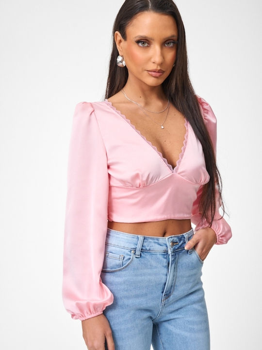 Women's Satin Crop Top with Lace Pink