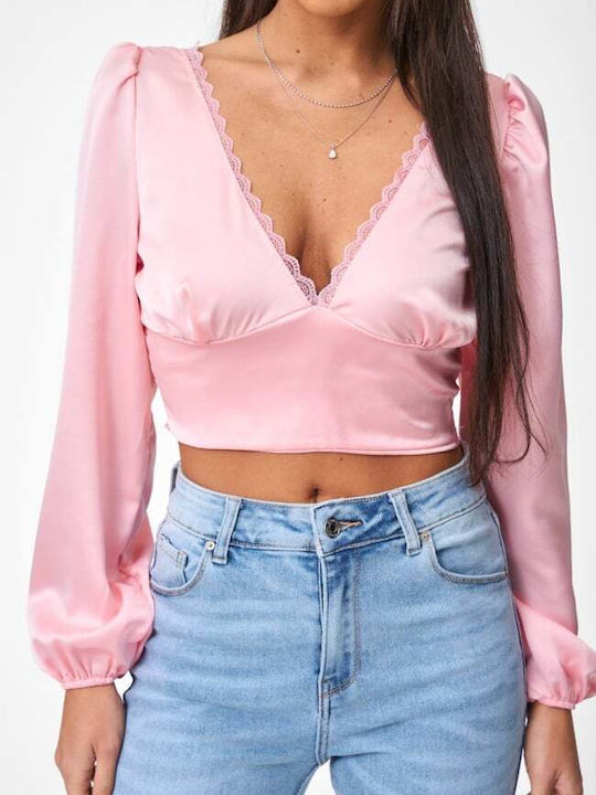 Women's Satin Crop Top with Lace Pink