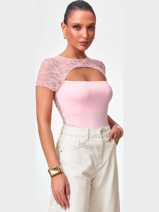 Women's Blouse with Lace Pink