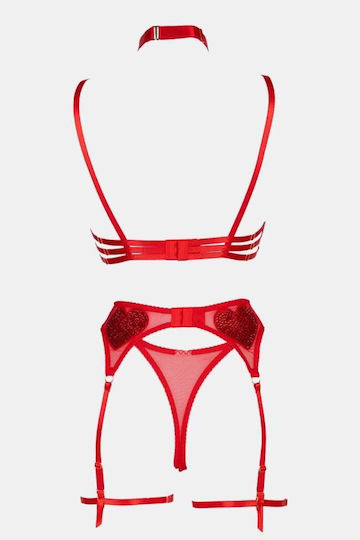 Set Εσώρουχα See Through Στρας & Ζαρτιέρες Κοκκινο