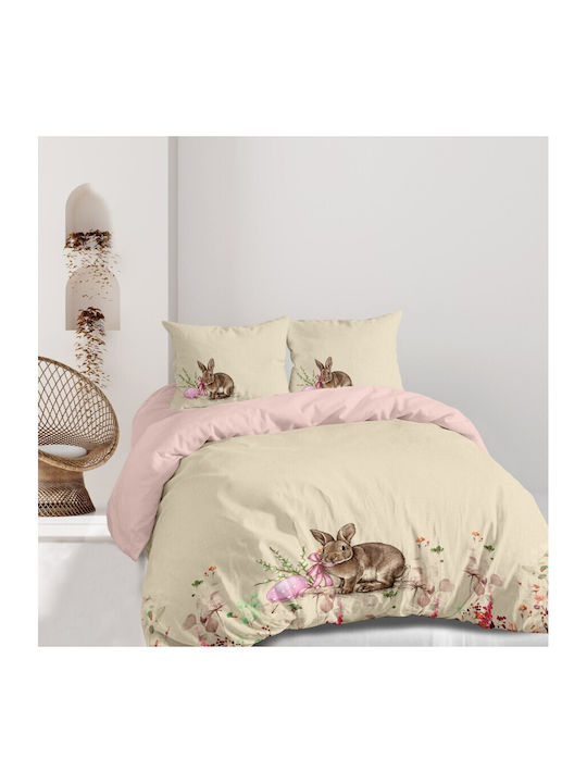Lenjerii Deosebite Set Huse Pentru Pilote 100% Bumbac 200x220cm Dublu Cu 2 Fețe De Pernă Și 1 Cearceaf Bej