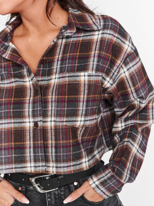 Long Sleeve Women's Shirt Brown Checked