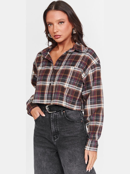 Long Sleeve Women's Shirt Brown Checked