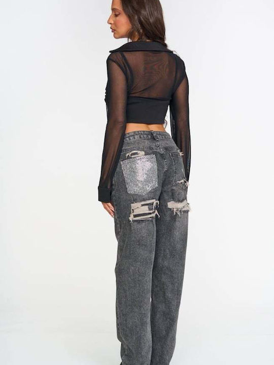 Women's Jean Pants with Rips in Wide Leg Style Gray