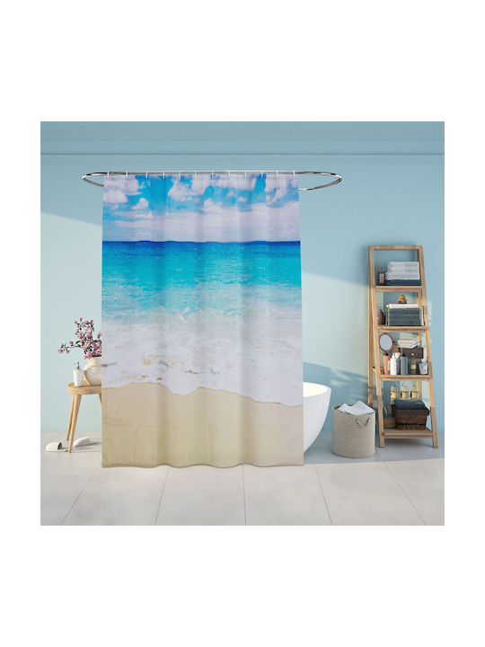 Relaxdays Duschvorhang Stoff 200x180cm Beige/Weiß/Hellblau