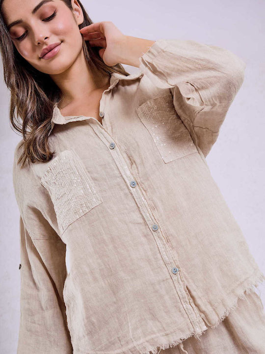 Celestino Women's Linen Shirt Sequins Loose Fit Beige