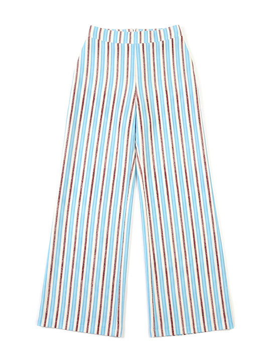 Pants Women Twenty-29 Γυναικείο Ψηλόμεσο Σατέν Παντελόνι με Λάστιχο σε Ίσια Γραμμή Ριγέ Καφε- Μπεζ- Σιελ