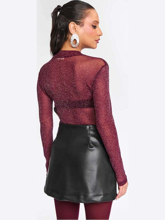 Shiny See Through Burgundy Women's Bodysuit