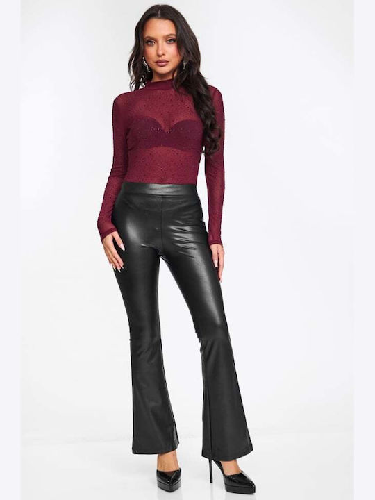 Decoro Women's Bodysuit See Through with Rhinestones Burgundy