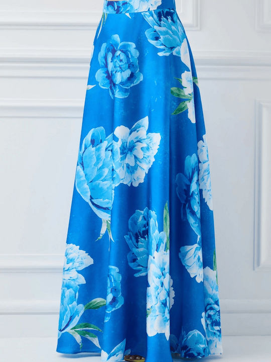 Fustă Maxi Satinată Florală Albastră