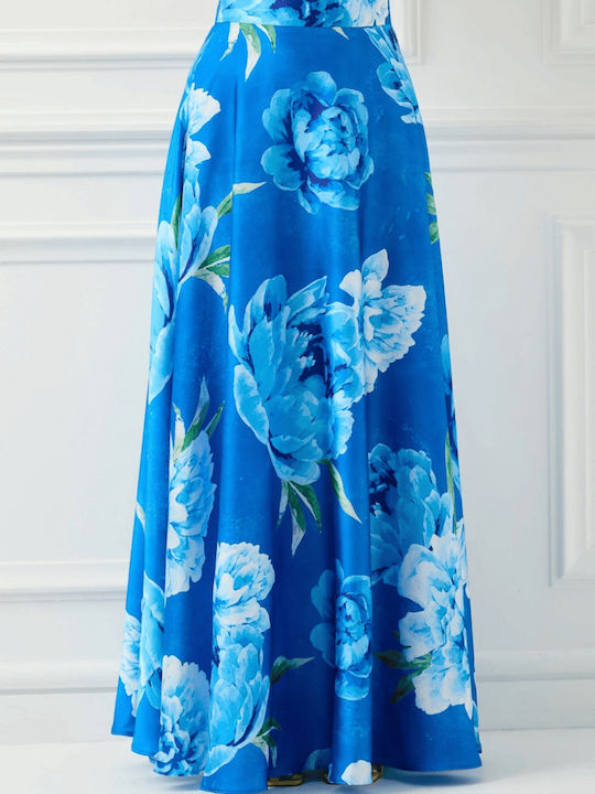 Fustă Maxi Satinată Florală Albastră
