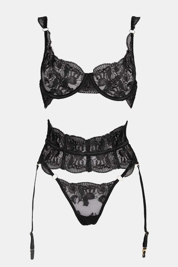 Set Lenjerie Sexy Cu Dantelă, Balene Și Jartiere Negre