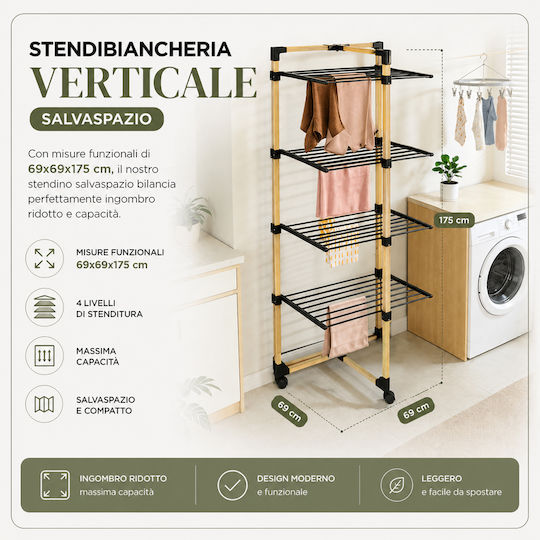 Bakaji Klappbare Vertikale Kleiderständer 4 Ebenen Räder 69x175x69 cm 02002249 Bakaji Klappbare Vertikale Kleiderständer 4 Ebenen Räder 69x175x69 cm 02002249