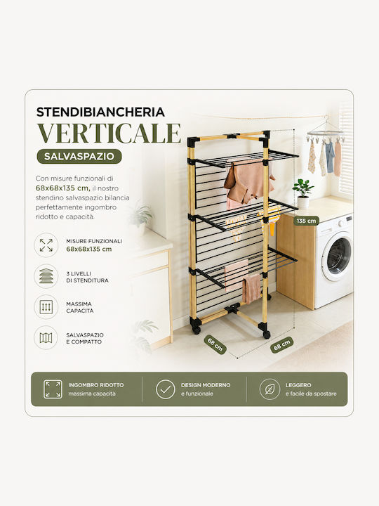 Bakaji Folding Vertical Clothes Drying Rack 3 Levels 69x136x69 cm Wheels 02002248