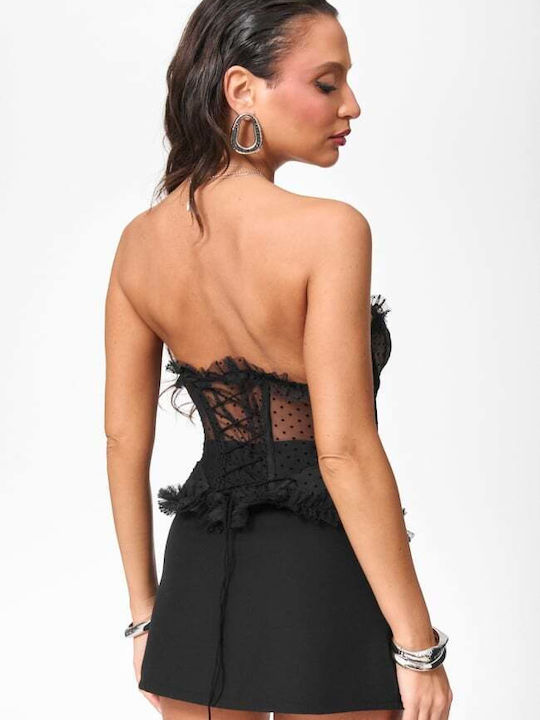 Women's Blouse Corset Top Strapless Polka Dot Black