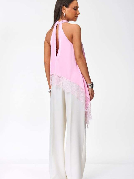 Damenbluse Satin Ärmellos Mit Bindung am Ausschnitt Rosa